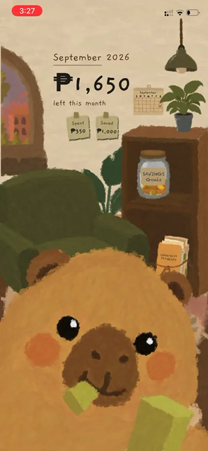 The Bujji home screen: a painted room showing what is left this month, what was spent, and what is due.